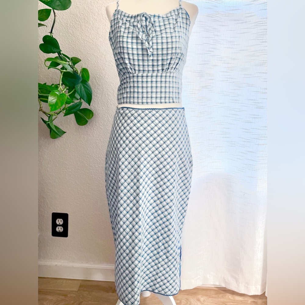 Le Lis Blue Plaid Halter Top and Lace Trim Midi Skirt with Side Slit Set